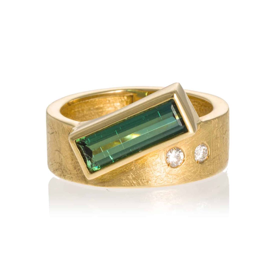 Anillo Ancho Turmalina Baguette 2 Diamantes Oro