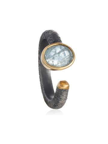 Anillo Aguamarina Ovalado Plata Envejecida y Oro