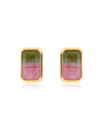Pendientes Rectangular Turmalina Sandía Oro
