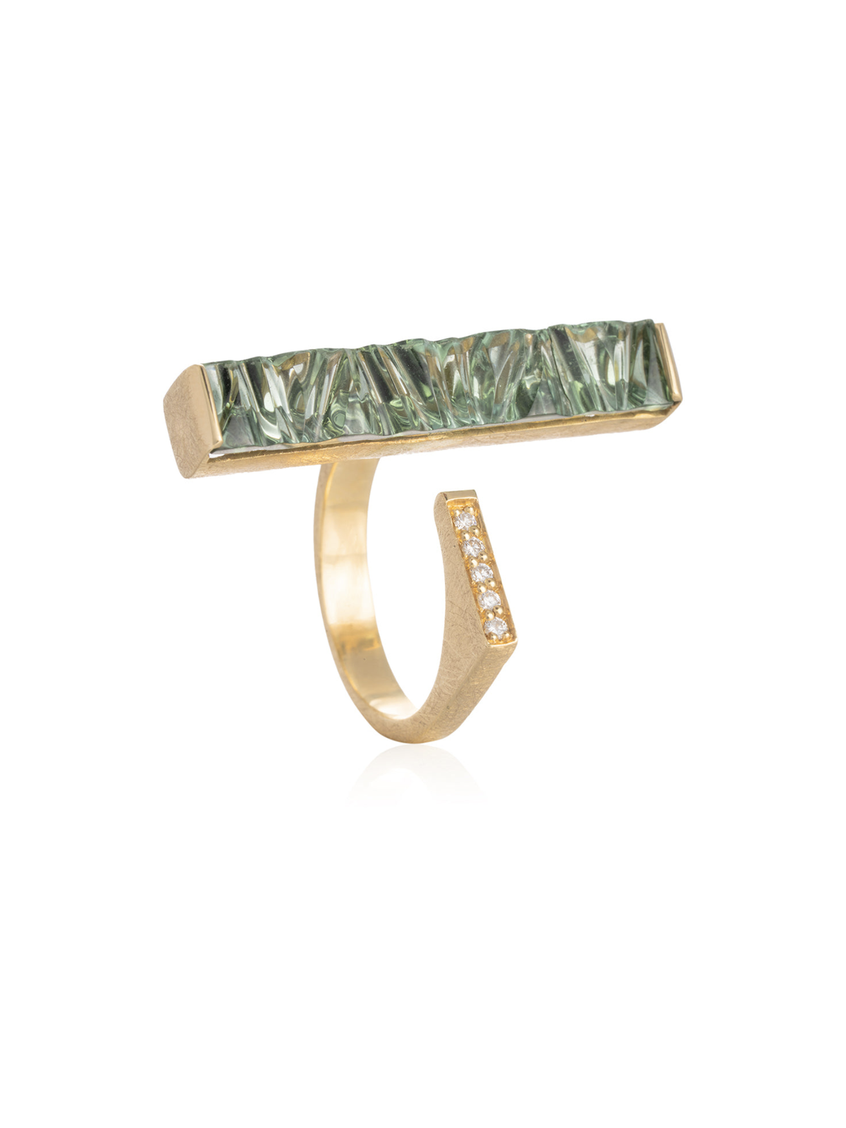 Anillo Turmalina Verde Rectangular Textura Diamantes Oro