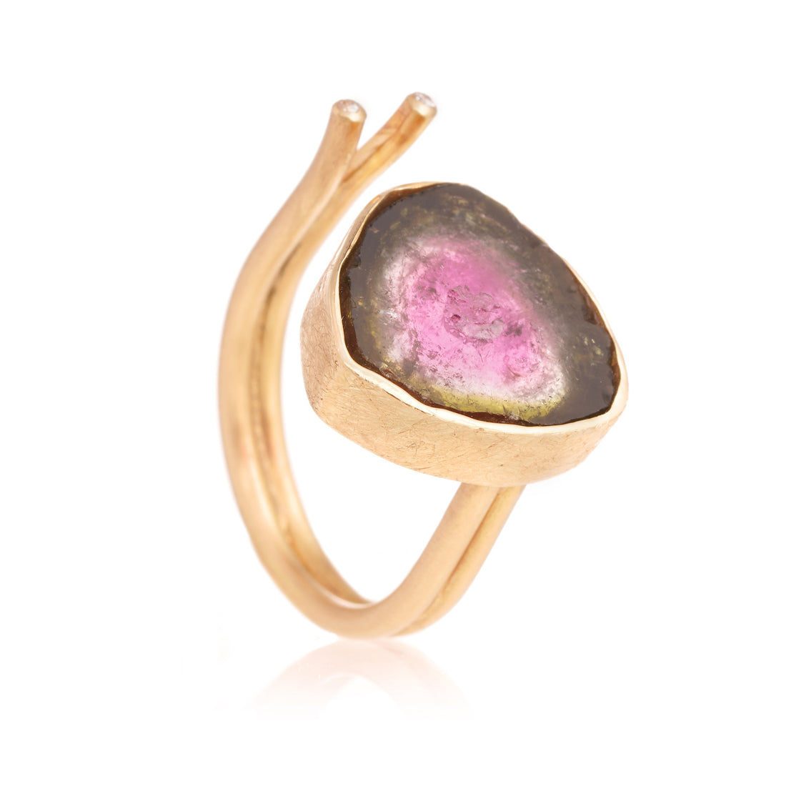 Anillo Abierto Turmalina Sandia y Diamantes Oro