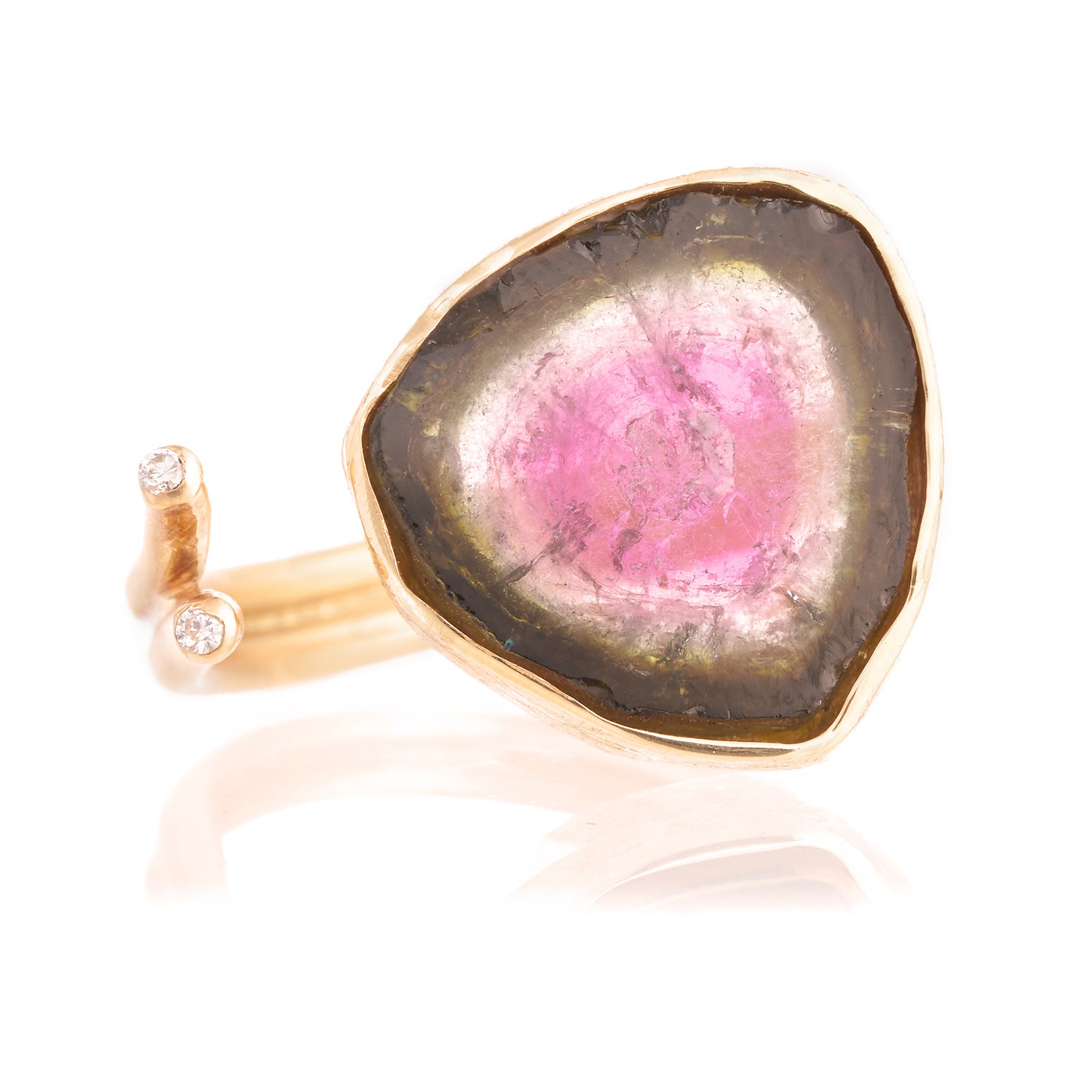 Anillo Abierto Turmalina Sandia y Diamantes Oro
