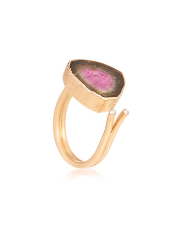 Anillo Abierto Turmalina Sandia y Diamantes Oro