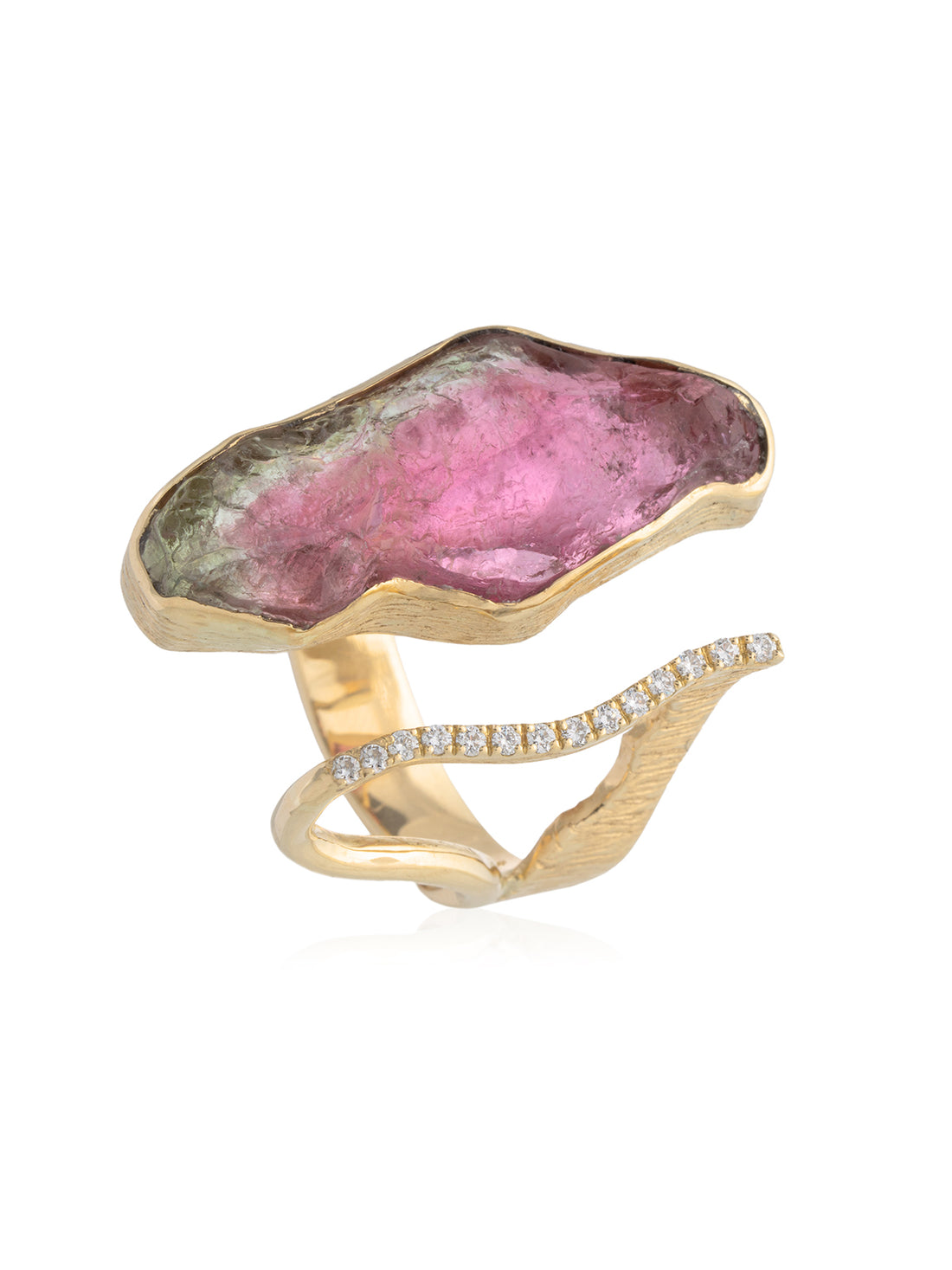 Anillo Turmalina Sandía Irregular Diamantes Oro