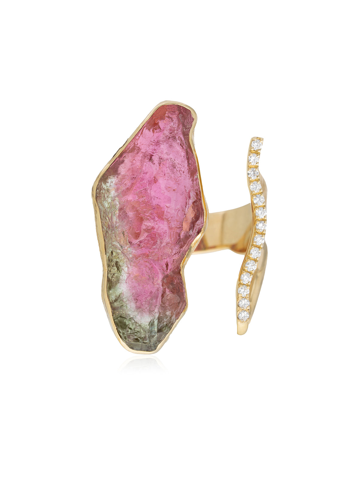 Anillo Turmalina Sandía Irregular Diamantes Oro