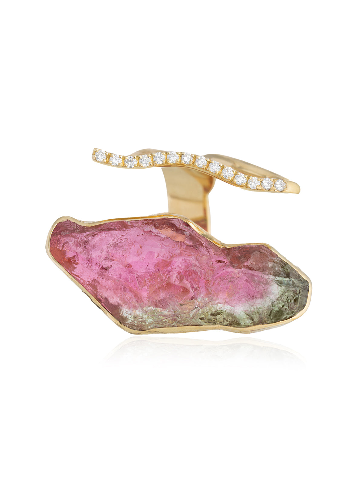 Anillo Turmalina Sandía Irregular Diamantes Oro