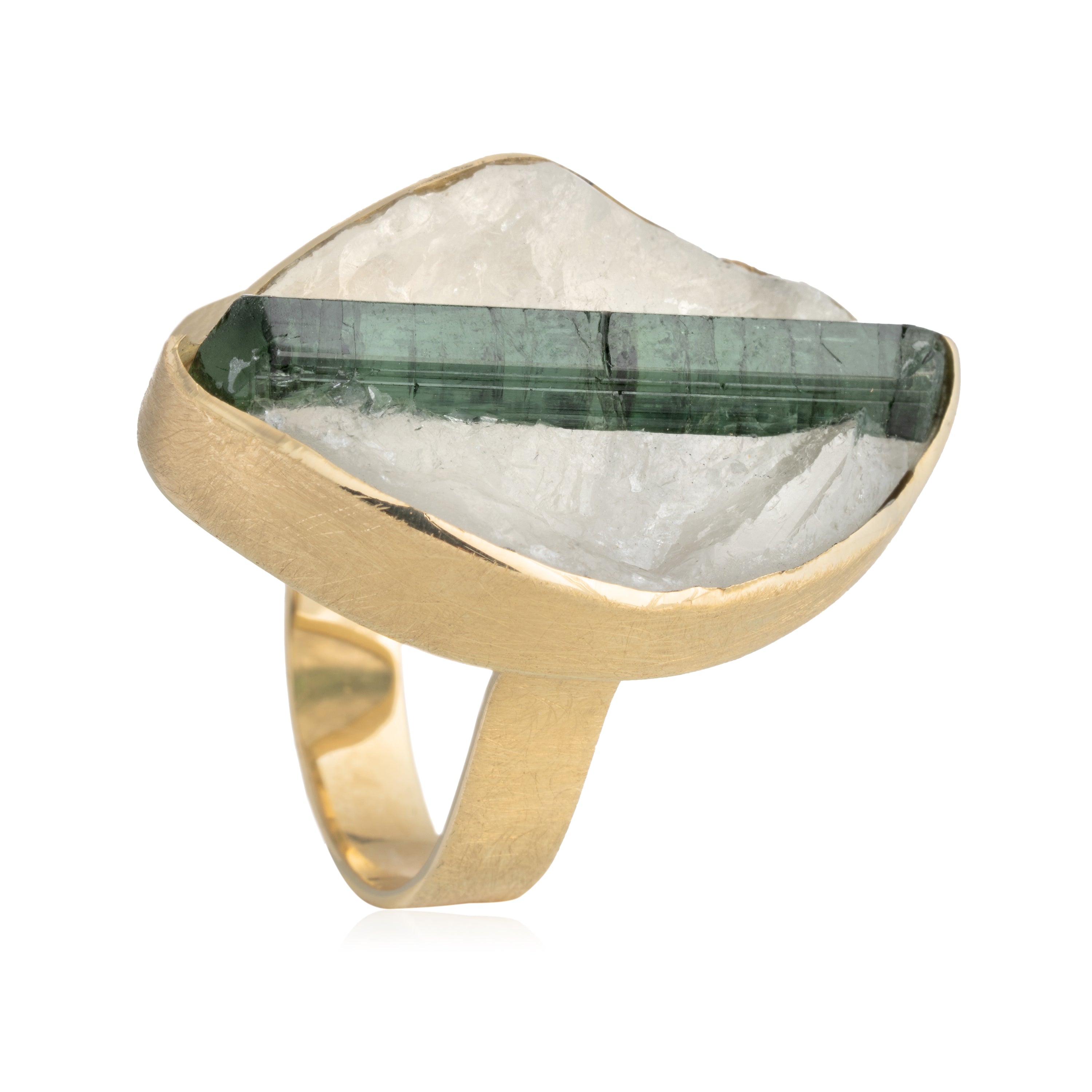 Anillo Ovalado Cuarzo y Turmalina Verde Textura