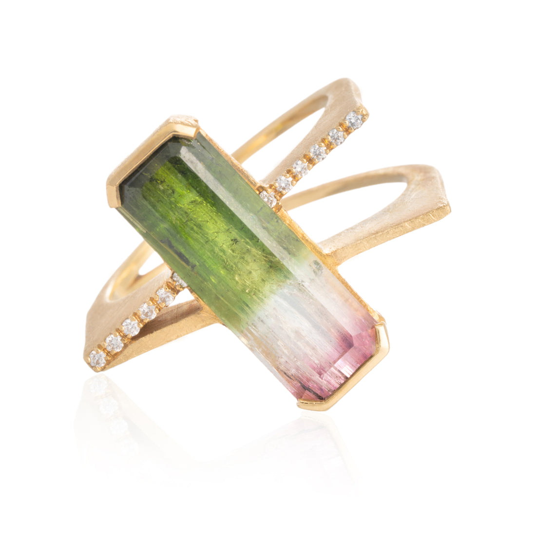 Anillo Turmalina Sandía Rectangular Compás Diamantes Oro