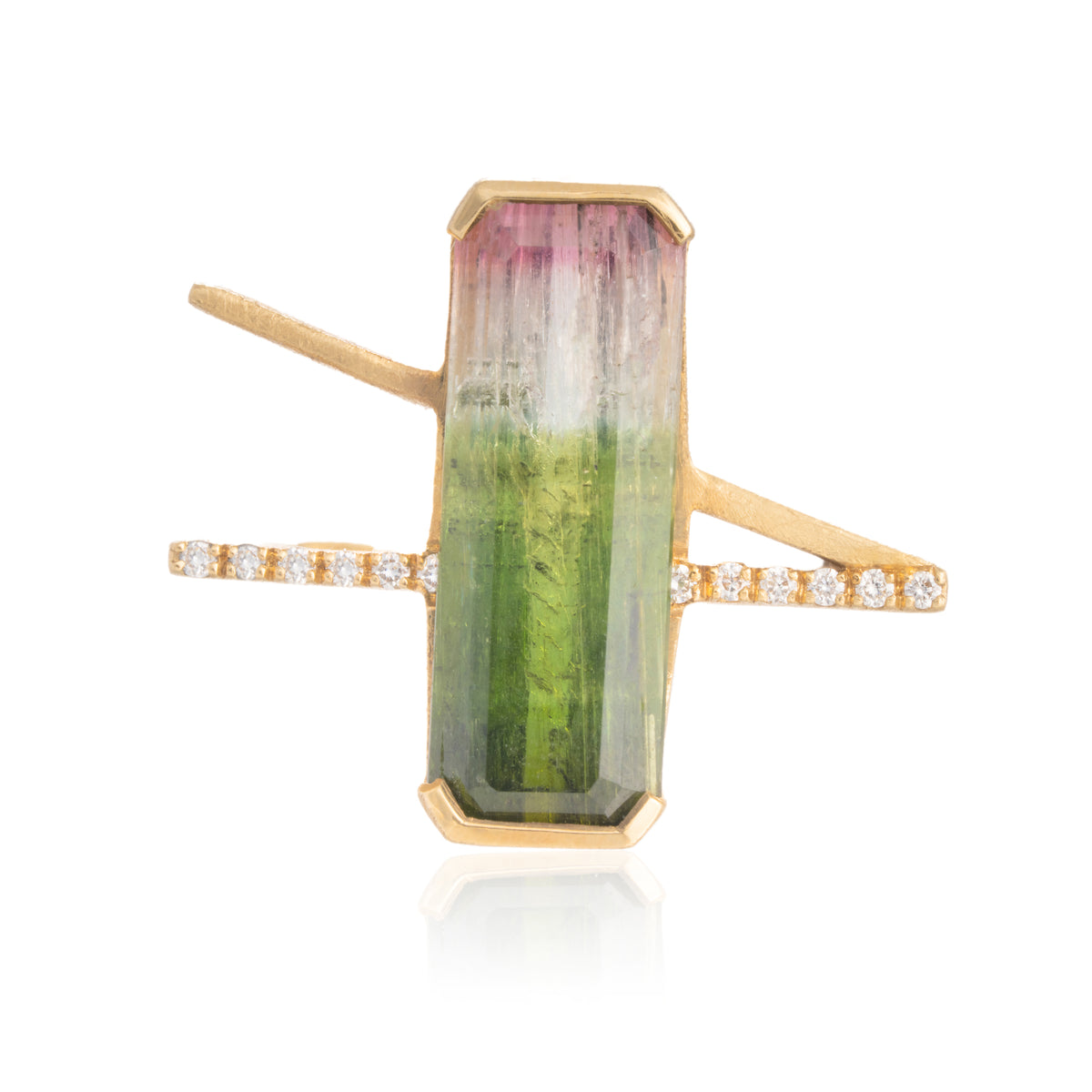Anillo Turmalina Sandía Rectangular Compás Diamantes Oro
