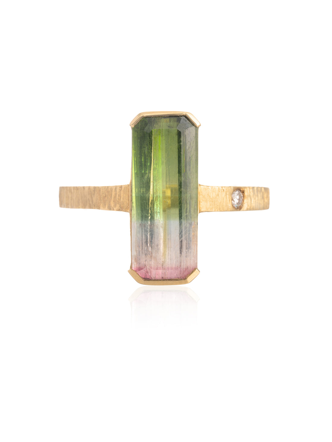 Anillo Turmalina Sandía Baguette Diamante Oro