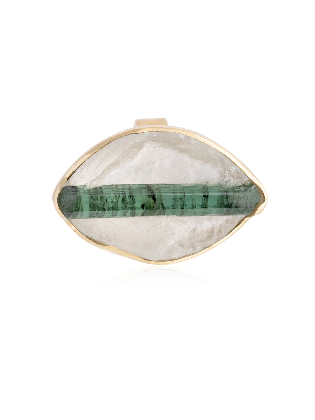 Anillo Ovalado Cuarzo y Turmalina Verde Textura Oro