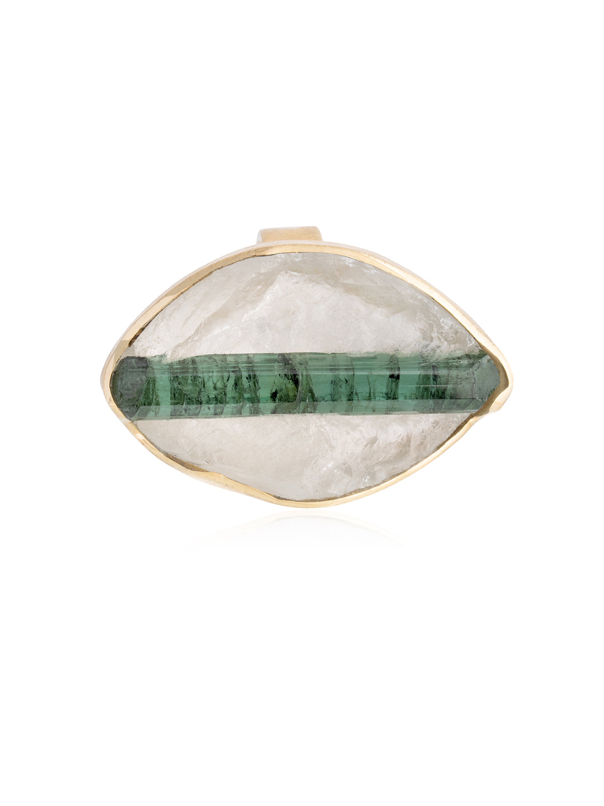 Anillo Ovalado Cuarzo y Turmalina Verde Textura Oro