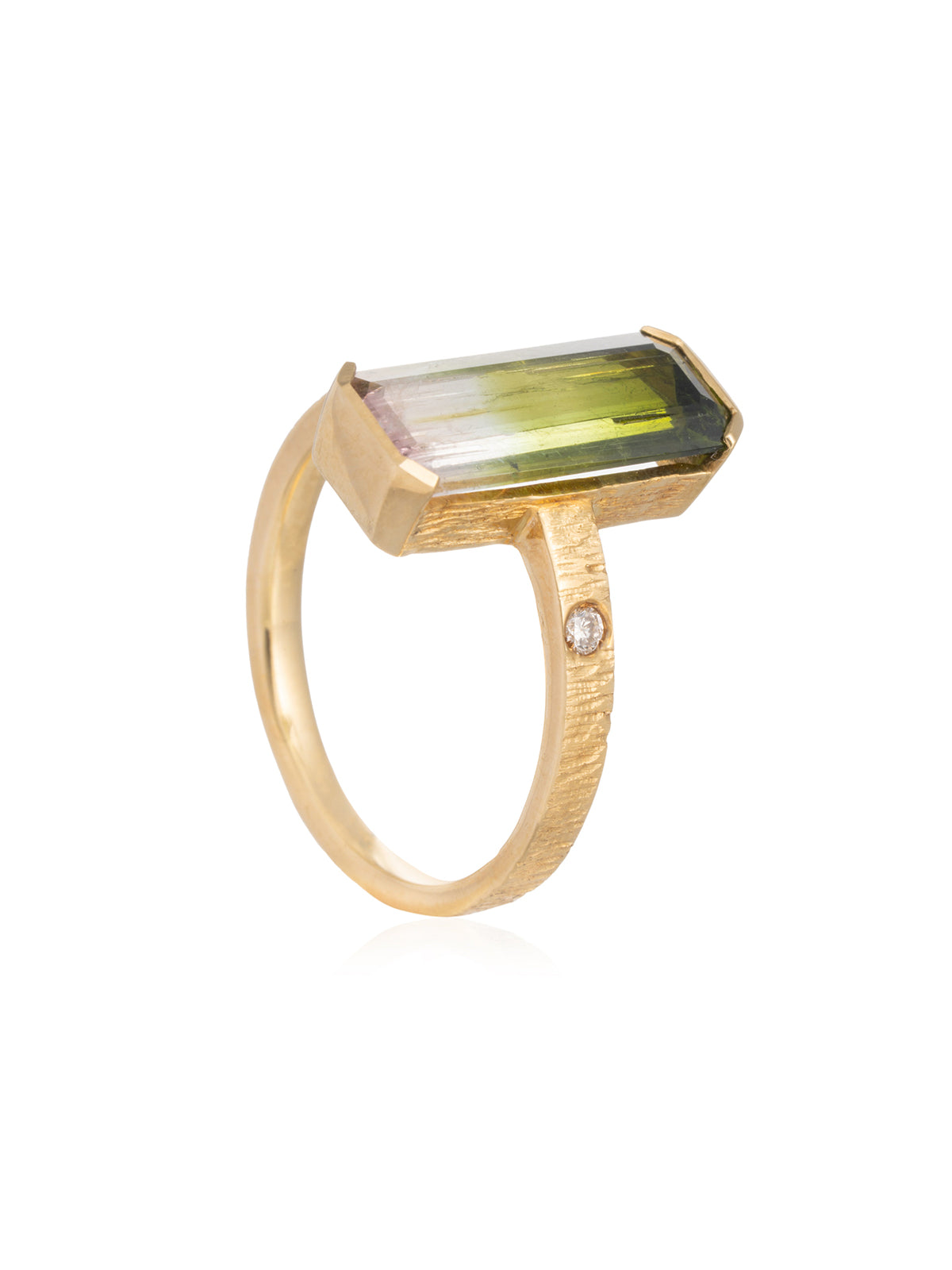 Anillo Turmalina Sandía Baguette Diamante Oro