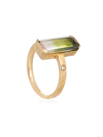 Anillo Turmalina Sandía Baguette Diamante Oro