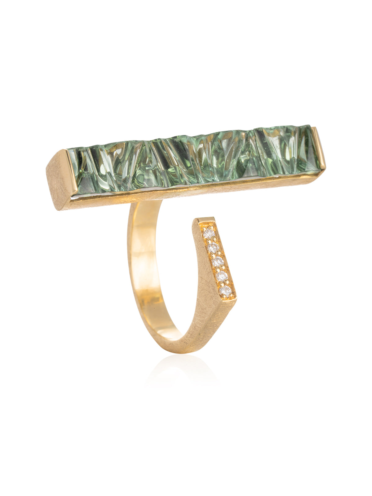 Anillo Turmalina Verde Rectangular Textura Diamantes Oro