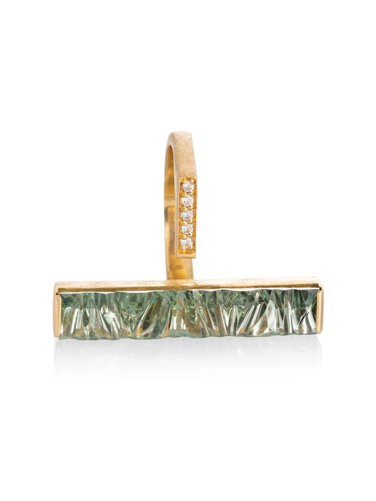 Anillo Turmalina Verde Rectangular Textura Diamantes Oro