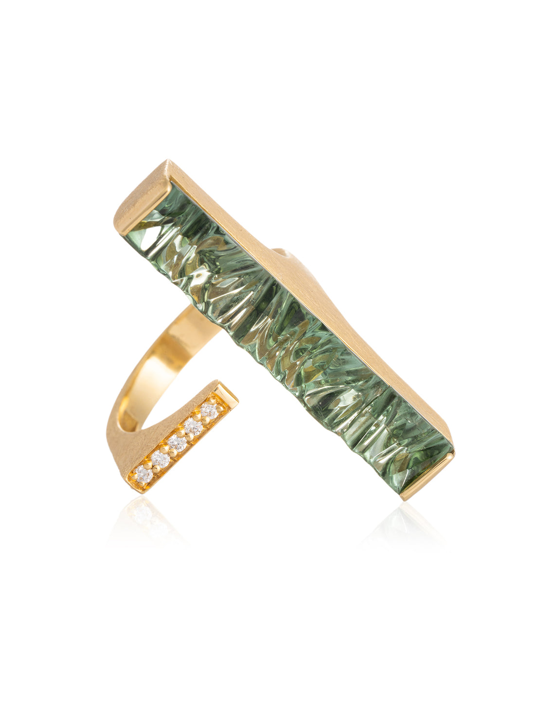 Anillo Turmalina Verde Rectangular Textura Diamantes Oro