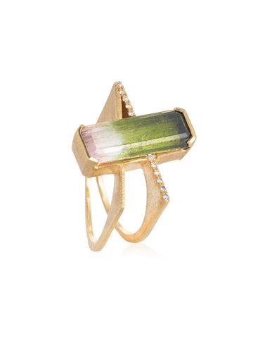 Anillo Turmalina Sandía Rectangular Compás Diamantes Oro