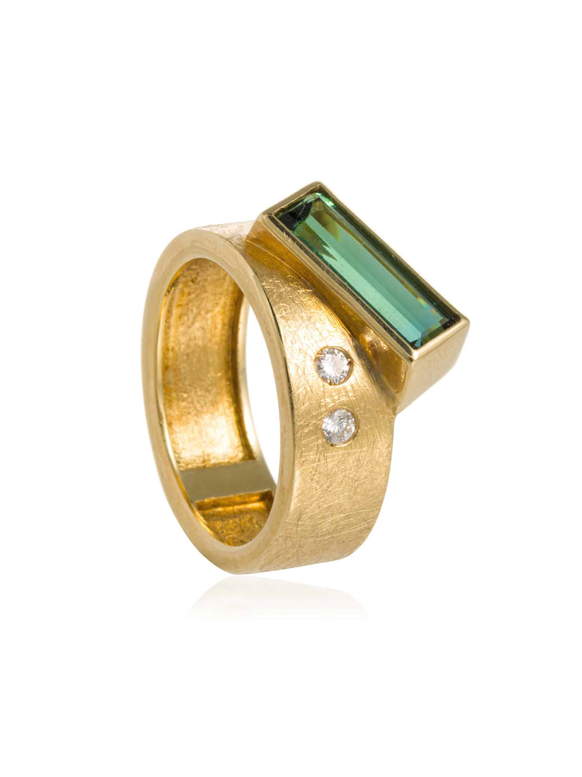 Anillo Ancho Turmalina Baguette 2 Diamantes Oro