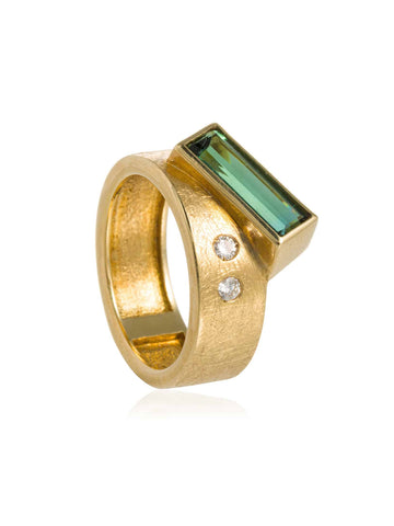 Anillo Ancho Turmalina Baguette 2 Diamantes Oro